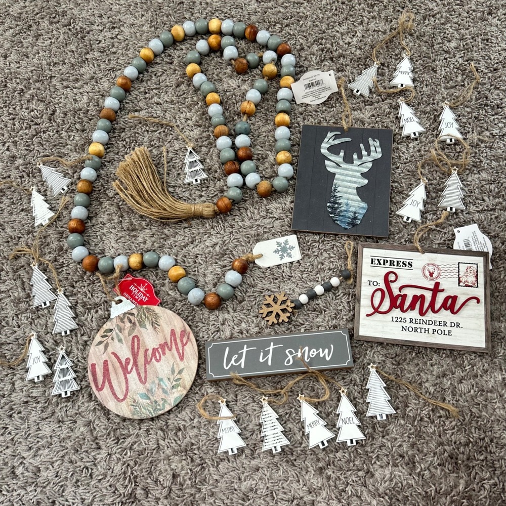 Holiday Time Rustic Farmhouse Christmas Decor Bundle Bead Garland Signs Ornament